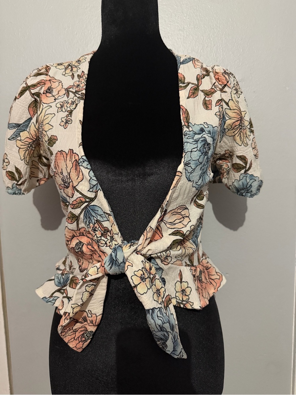 Forever 21 Cream Floral Tie-Front Puff Sleeve Top with Blue and Pink Blooms